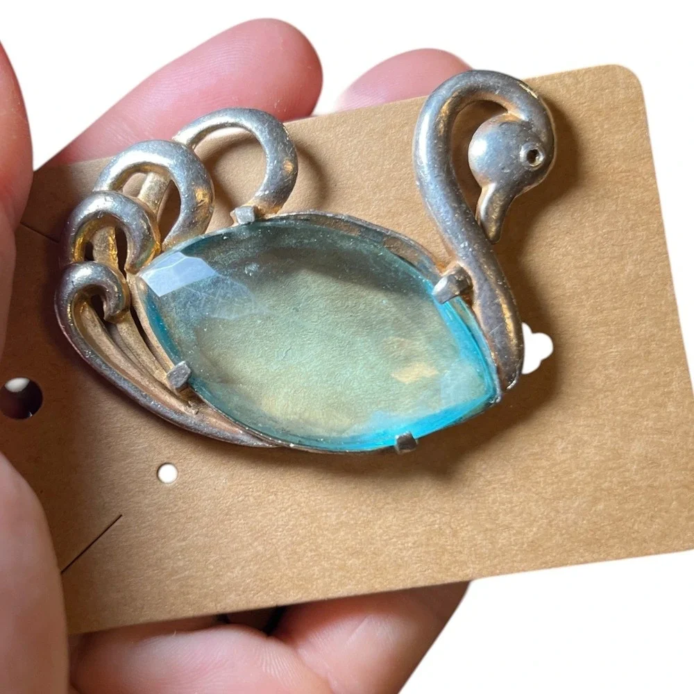 VTG Blue Glass‎ Swan Brooch Silver Blazer Lapel Pin Jewelry Animal Figural LARGE